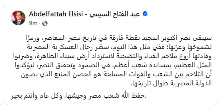 الرئيس السيسي: نصر أكتوبر المجيد سيبقى نقطة فارقة في تاريخ مصر المعاصر